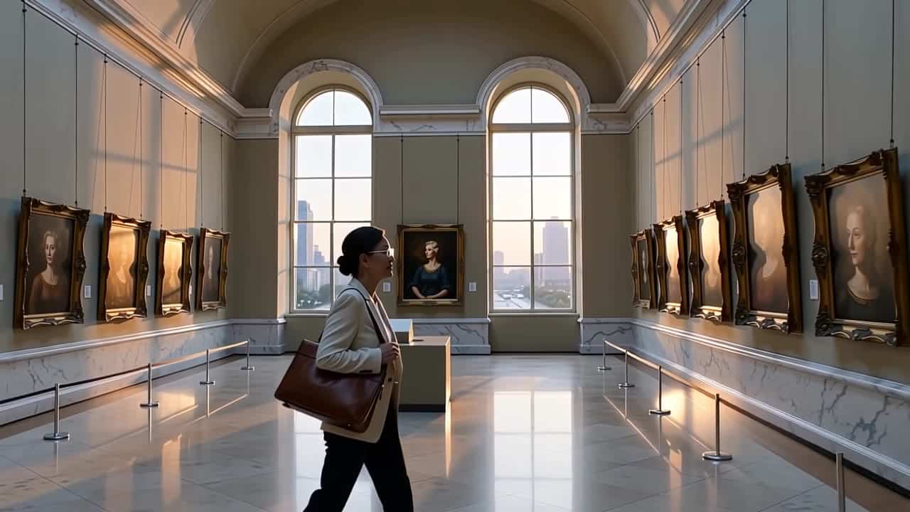 Happy Horse 1.0 AI video example: A museum curator walks through a dawn-lit portrait gallery as painted faces come alive and change expre...