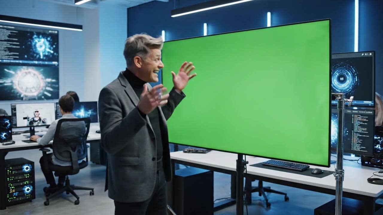Ejemplo de video IA de OpenAI Sora 2: Wide shot of a modern creative space. A male director stands beside a green-screen, gesturing with...