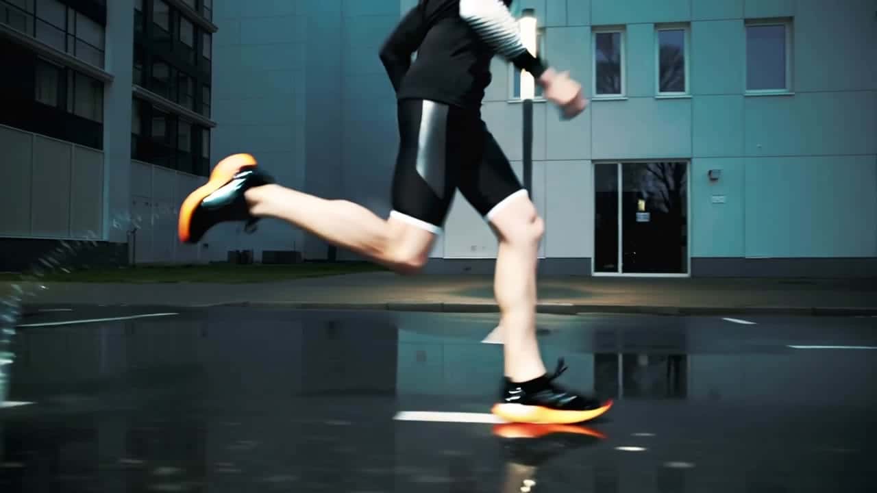 Ejemplo de video IA de Kling 2.6 Pro: Wide 16:9 cinematic action shot, a runner sprints through a rainy city street at night, water splas...