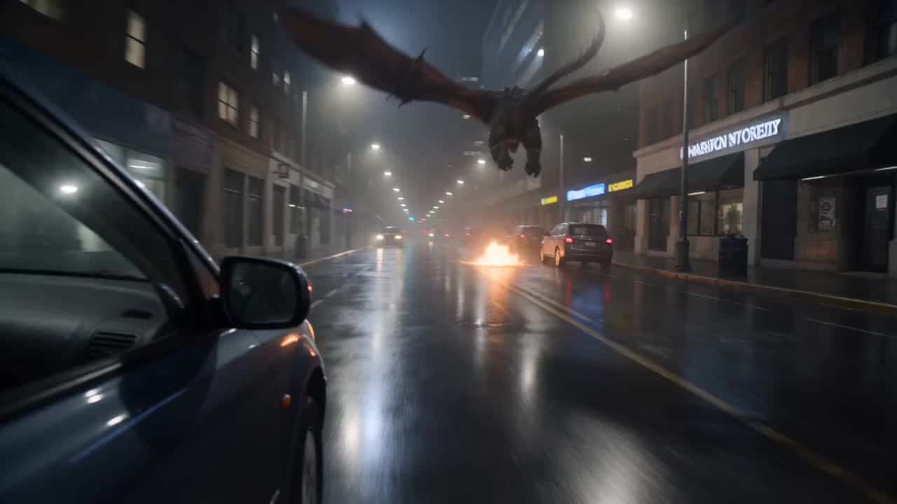 Seedance 2.0 Fast AI video example: A hyper dynamic cinematic action sequence in a dark modern city at night, wet asphalt, rain reflectio...