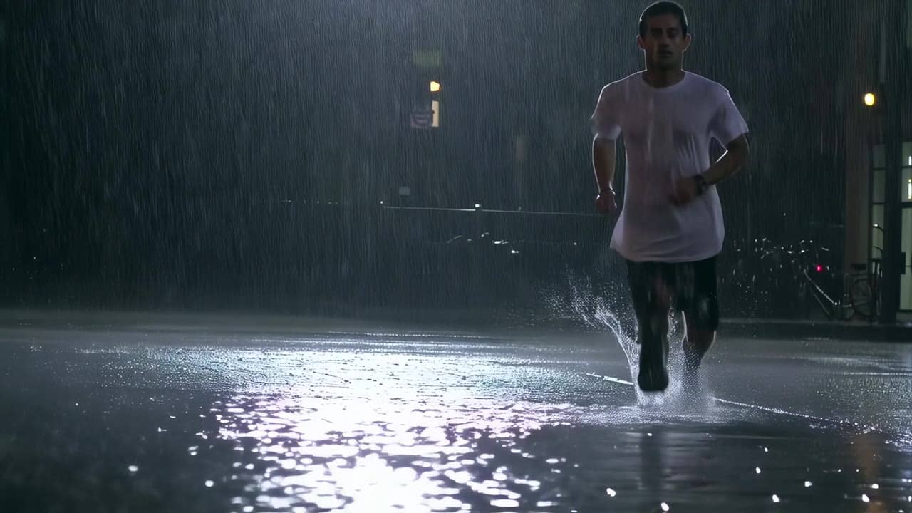 Exemple video IA Luma Ray 2: Wide 16:9 cinematic action shot, a runner sprints through a rainy city street at night, water splashes reali...