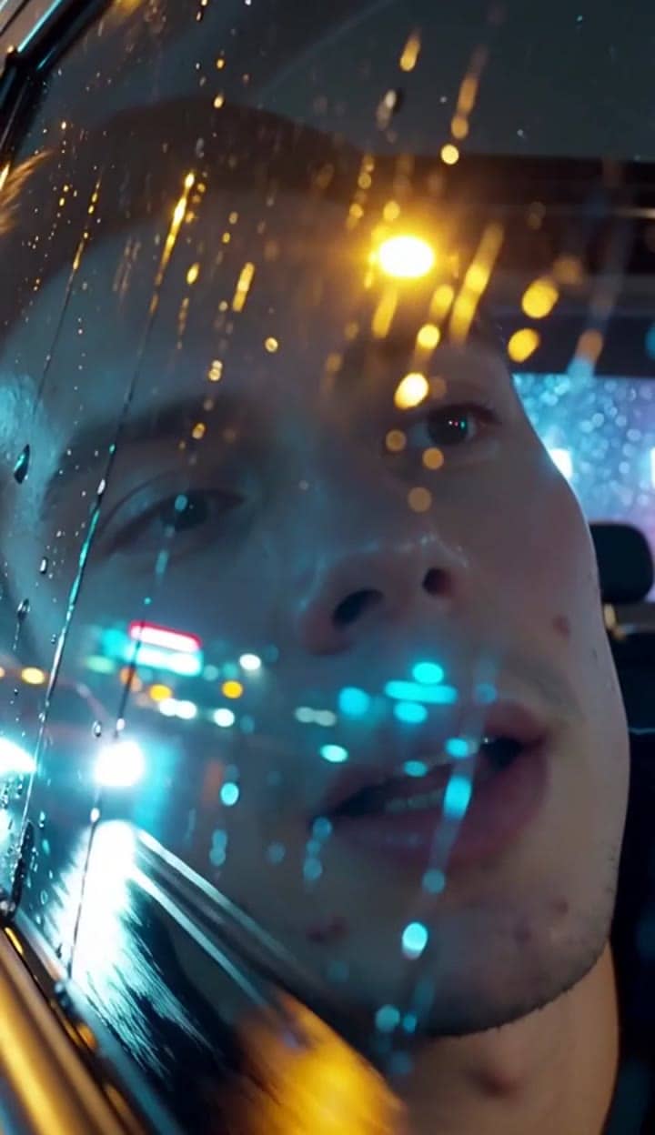Ejemplo de video IA de Wan 2.5 Text & Image to Video: Ultra-realistic handheld selfie filmed inside a parked car at night. The person is...