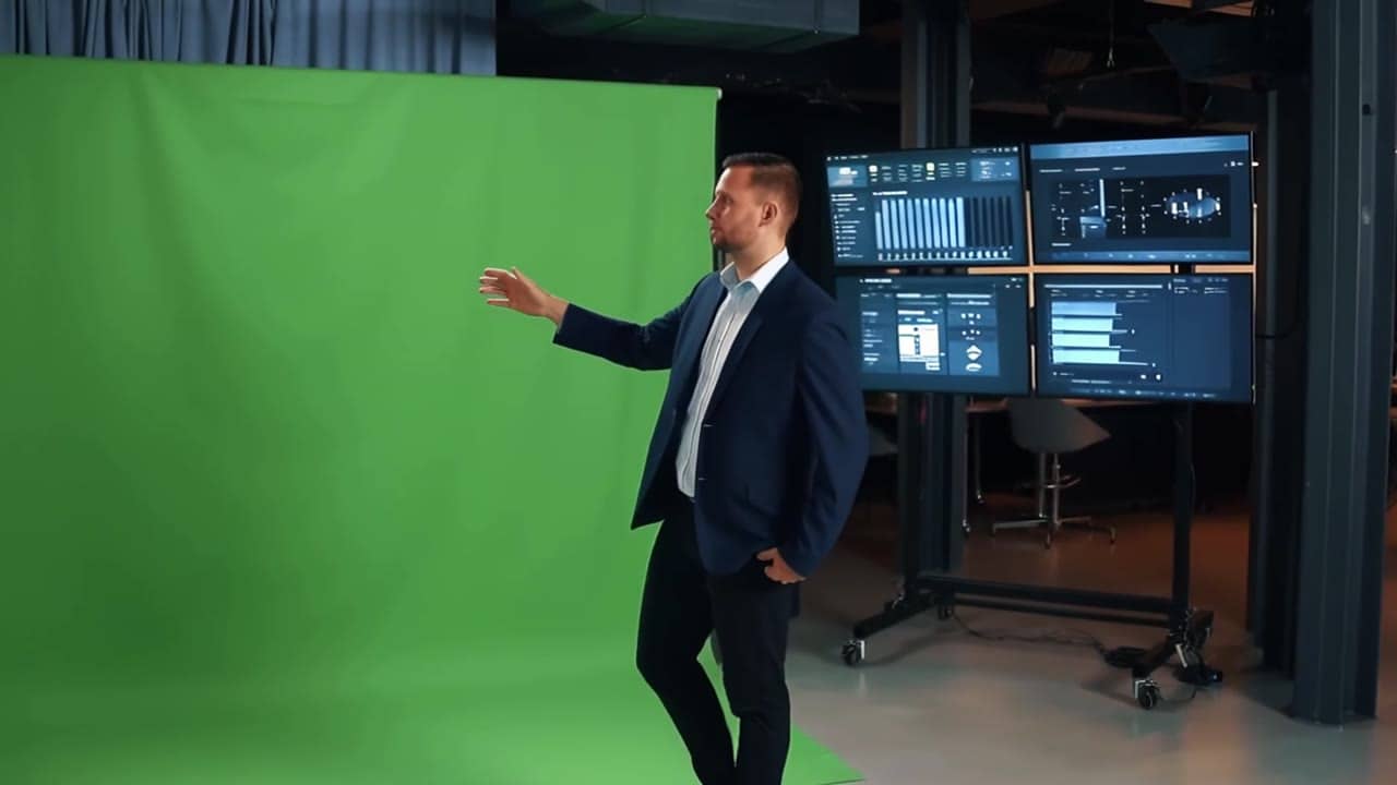 MaxVideoAI MiniMax Hailuo 02 Standard (Text to Video) example – Wide shot of a modern creative space. A male director stands beside a green-screen, gesturing with enthusiasm. Over his shoulder you glimpse…