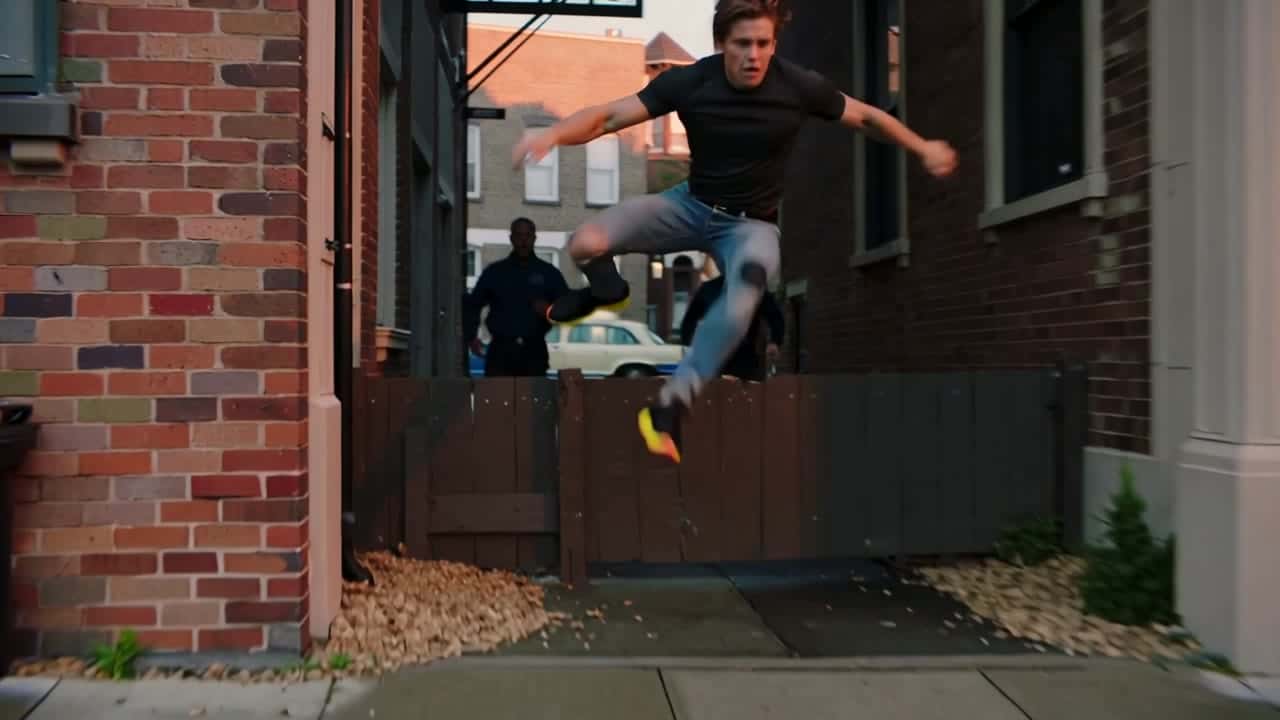 Kling 2.5 Turbo AI video example – Cinematic, hyper-realistic action sequence filmed with a professional handheld camera. A man runs through a narrow city alley…