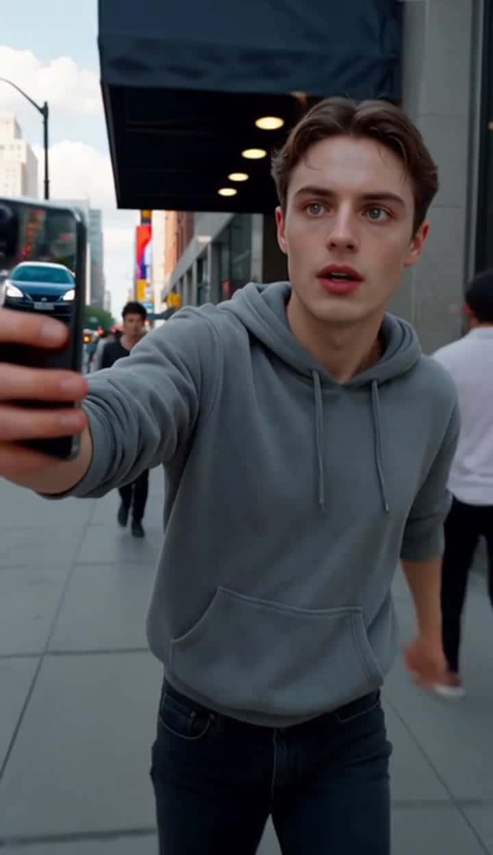 Exemple video IA Wan 2.5 Text & Image to Video: Ultra-realistic walking selfie shot filmed with a smartphone held in one hand. The person...