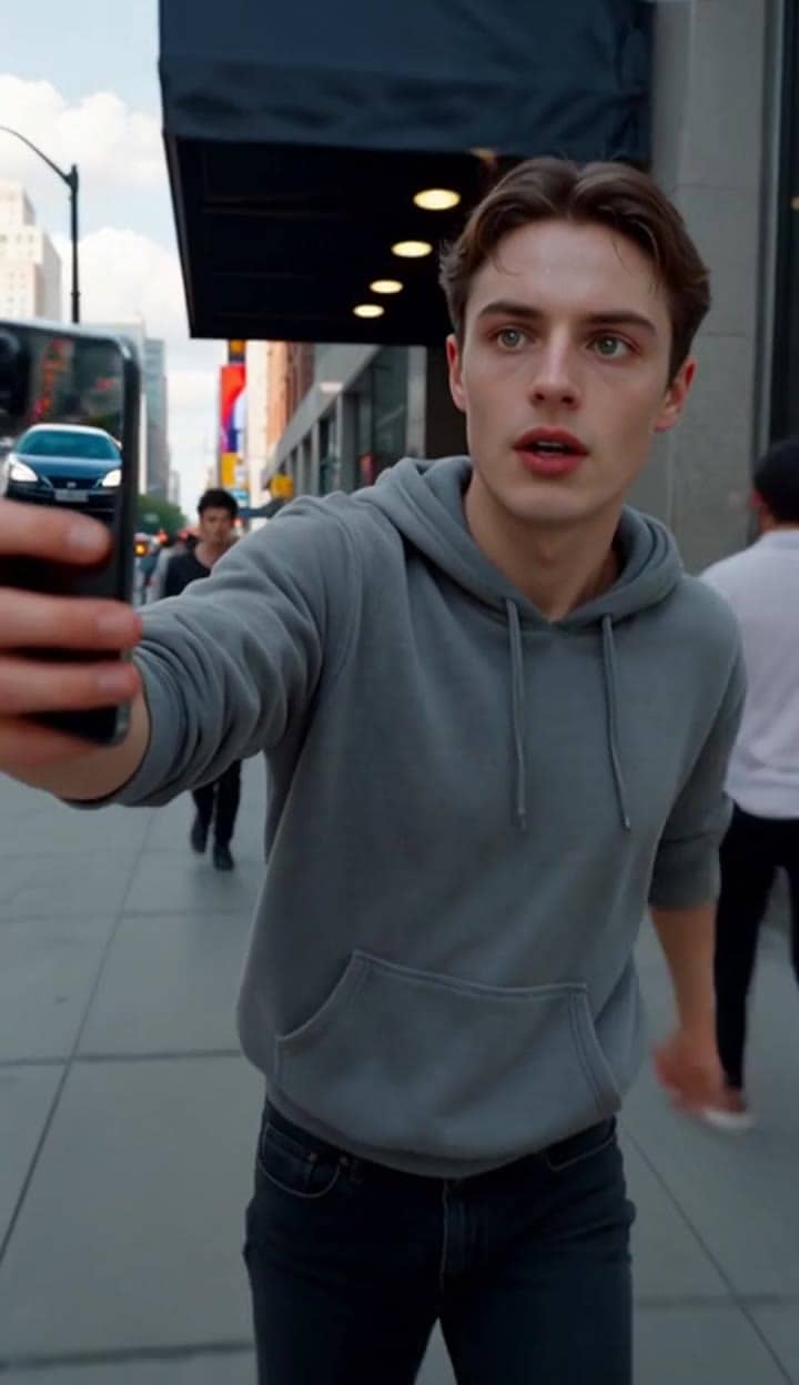 Ejemplo de video IA de Wan 2.5 Text & Image to Video: Ultra-realistic walking selfie shot filmed with a smartphone held in one hand. The...