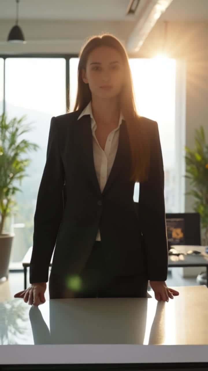 Pika 2.2 Text & Image to Video AI video example – A mid-shot of a young professional woman in a modern office, soft morning light through large windows, camera…