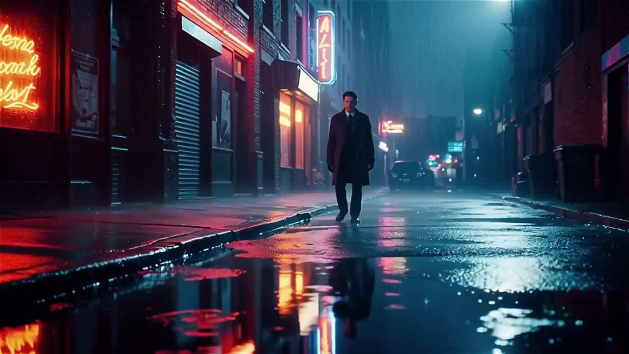Wan 2.6 Text & Image to Video AI video example: Global look: elegant thriller, rainy night, soft neon, 35mm, fine film grain, cinematic d...