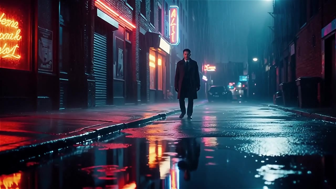 Wan 2.6 Text, Image & Reference to Video AI video example: Global look: elegant thriller, rainy night, soft neon, 35mm, fine film grain...