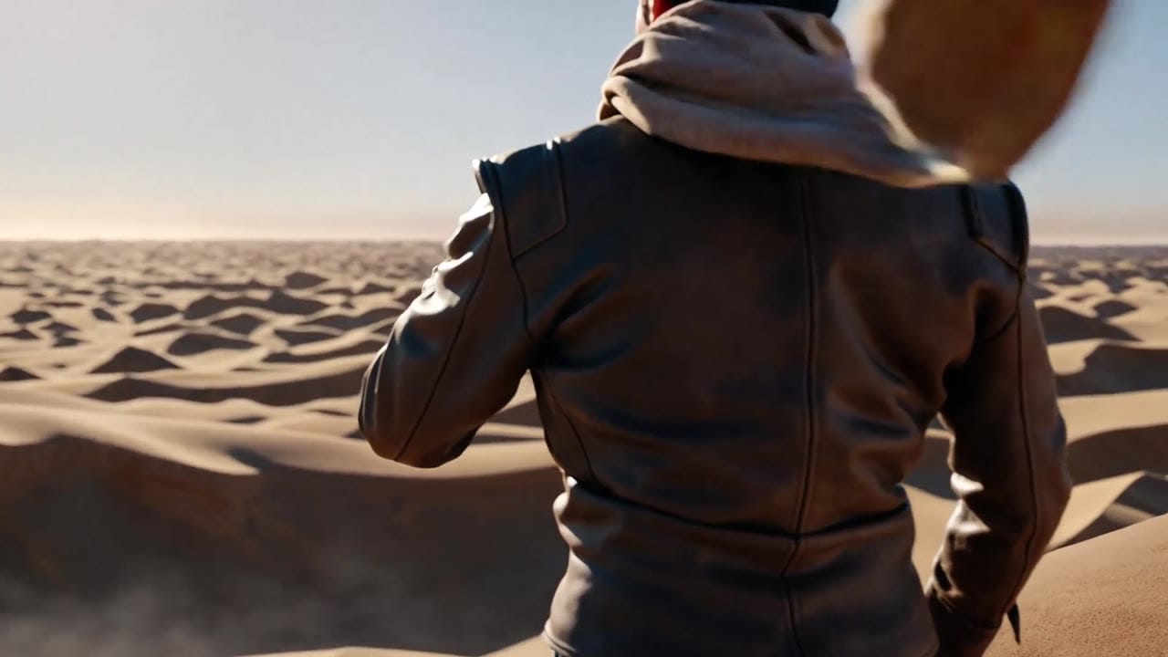 LTX 2.3 Pro AI video example: A rugged adventurer stands on the edge of a vast desert cliff at golden hour, sunburned face, worn leather...