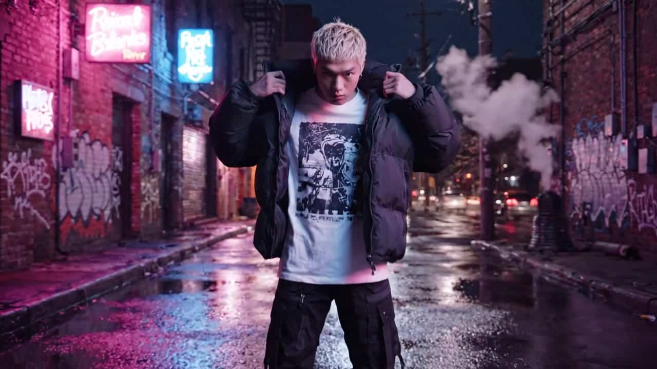 Google Veo 3.1 Lite AI video example: Medium shot of a streetwear model adjusting his oversized jacket in a neon-lit alley at night. Slow...