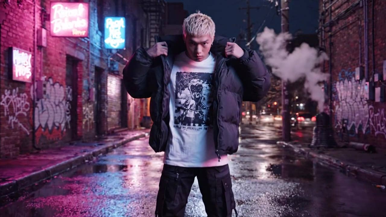 Exemple video IA Google Veo 3.1 Lite: Medium shot of a streetwear model adjusting his oversized jacket in a neon-lit alley at night. Slow...