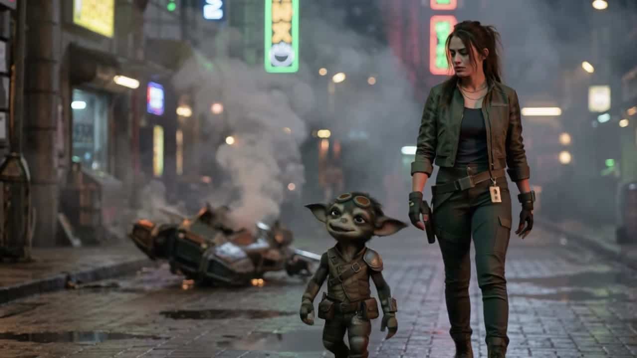 Ejemplo de video IA de LTX 2.3 Pro: Use the provided start image exactly as the first frame. Cinematic live-action sci-fi shot. Slow back...