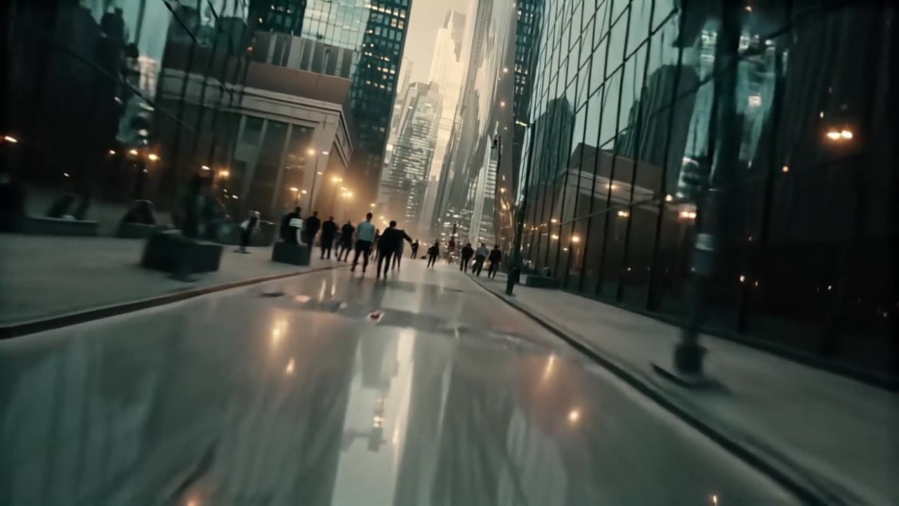 Exemple video IA LTX Video 2.0 Pro: 8-second 16:9 4K dreamlike shot of a modern city street suddenly folding upward like a giant book. Th...
