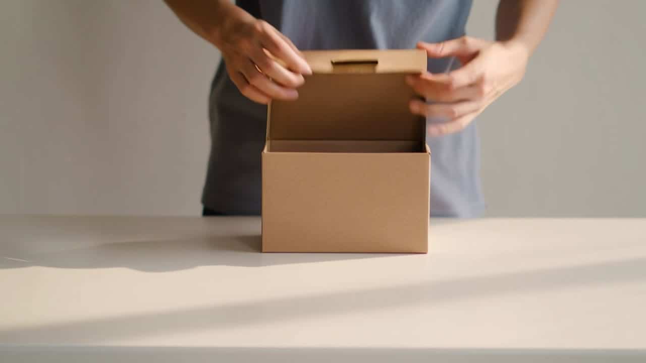 Kling 2.6 Pro AI video example: Wide 16:9 full-body unboxing video in a clean studio/kitchen setting. A person is fully visible (head-to...