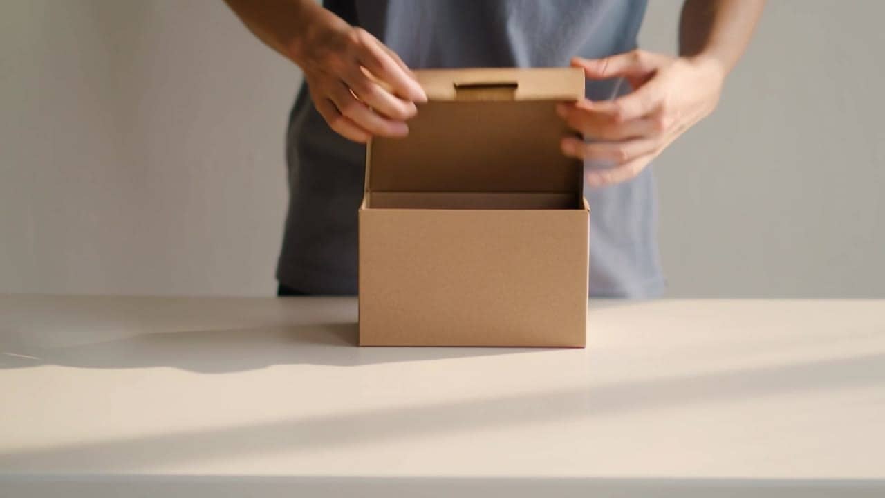 Exemple video IA Kling 2.6 Pro: Wide 16:9 full-body unboxing video in a clean studio/kitchen setting. A person is fully visible (head-to...