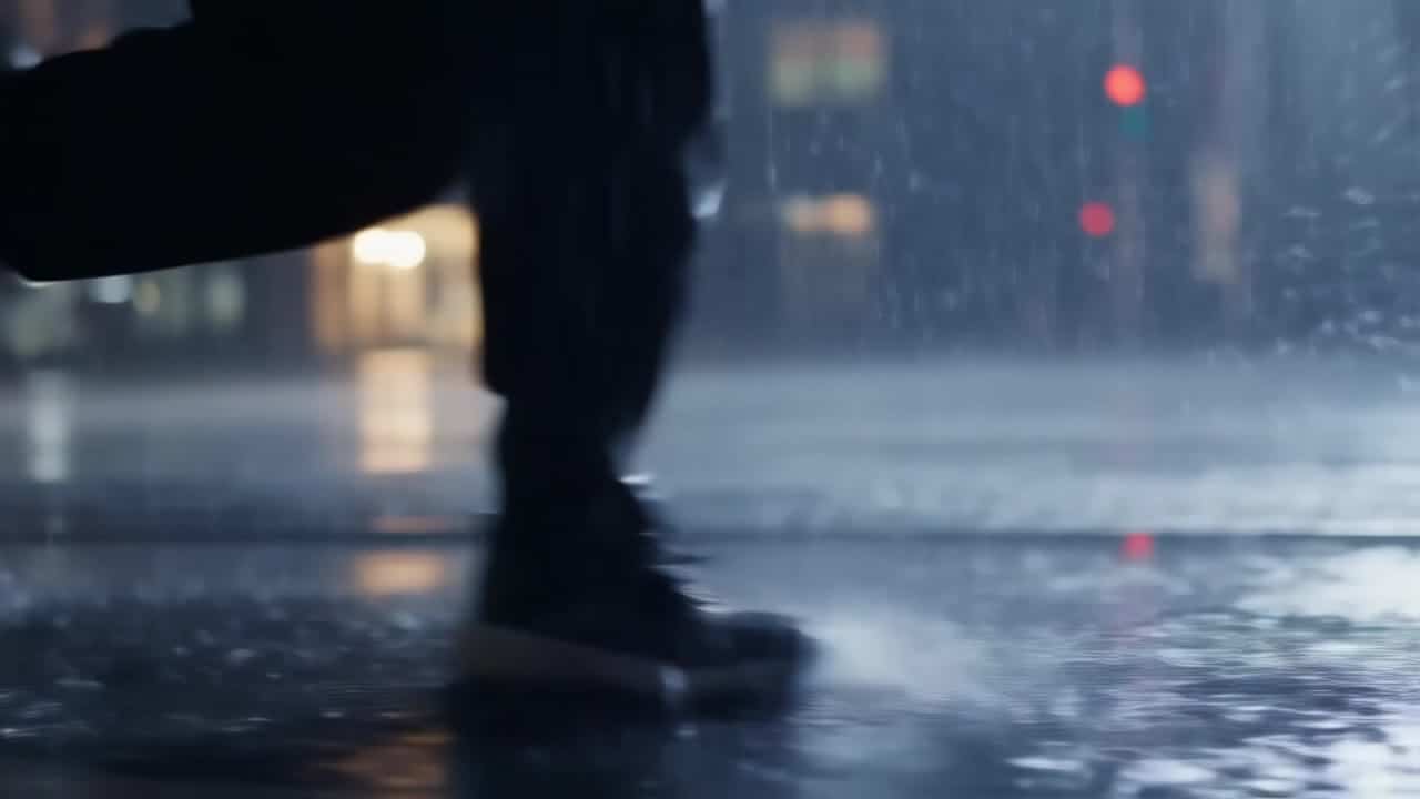 Luma Ray 2 Flash AI video example: Wide 16:9 cinematic action shot, a runner sprints through a rainy city street at night, water splashes...