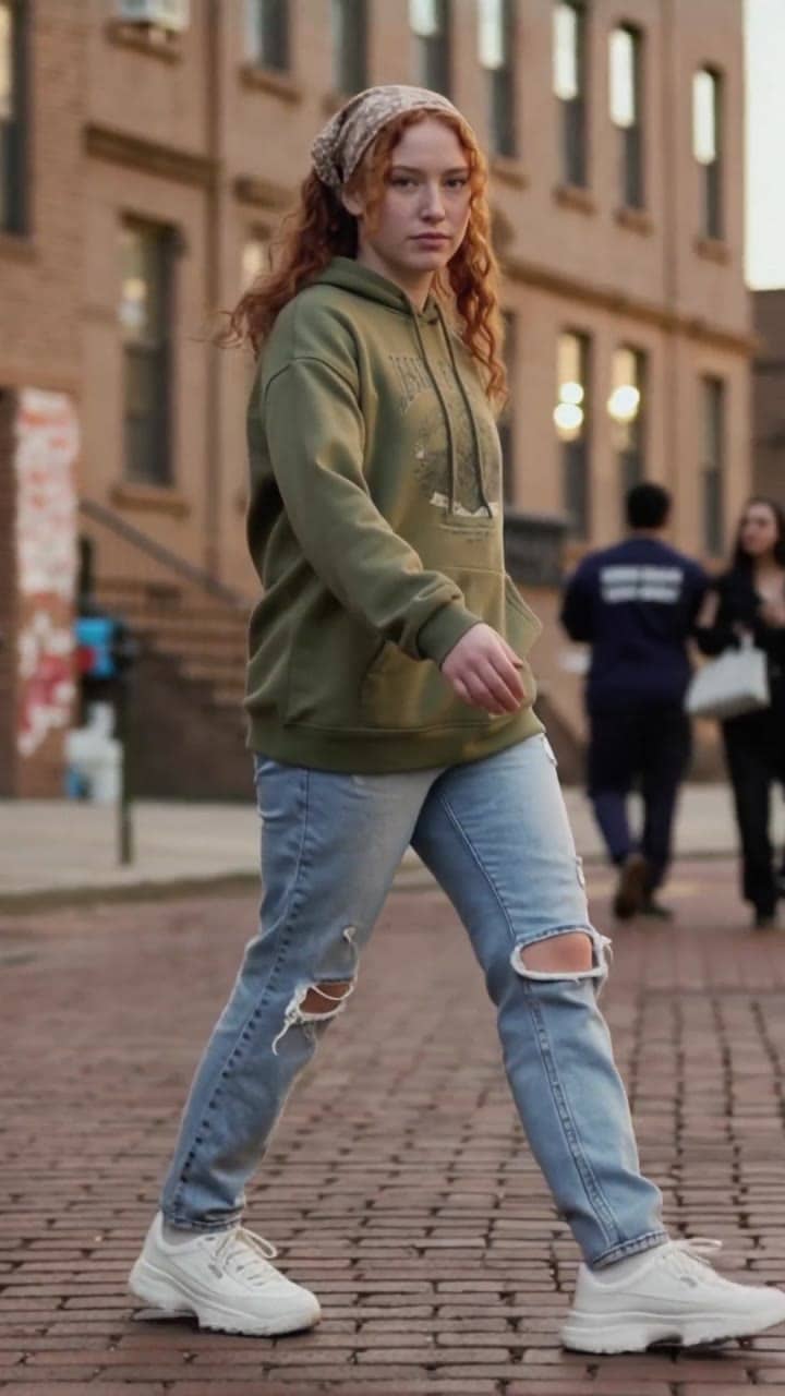 Ejemplo de video IA de LTX 2.3 Pro: Cinematic medium shot of the same character from the start image dancing hip-hop in a Brooklyn-style...