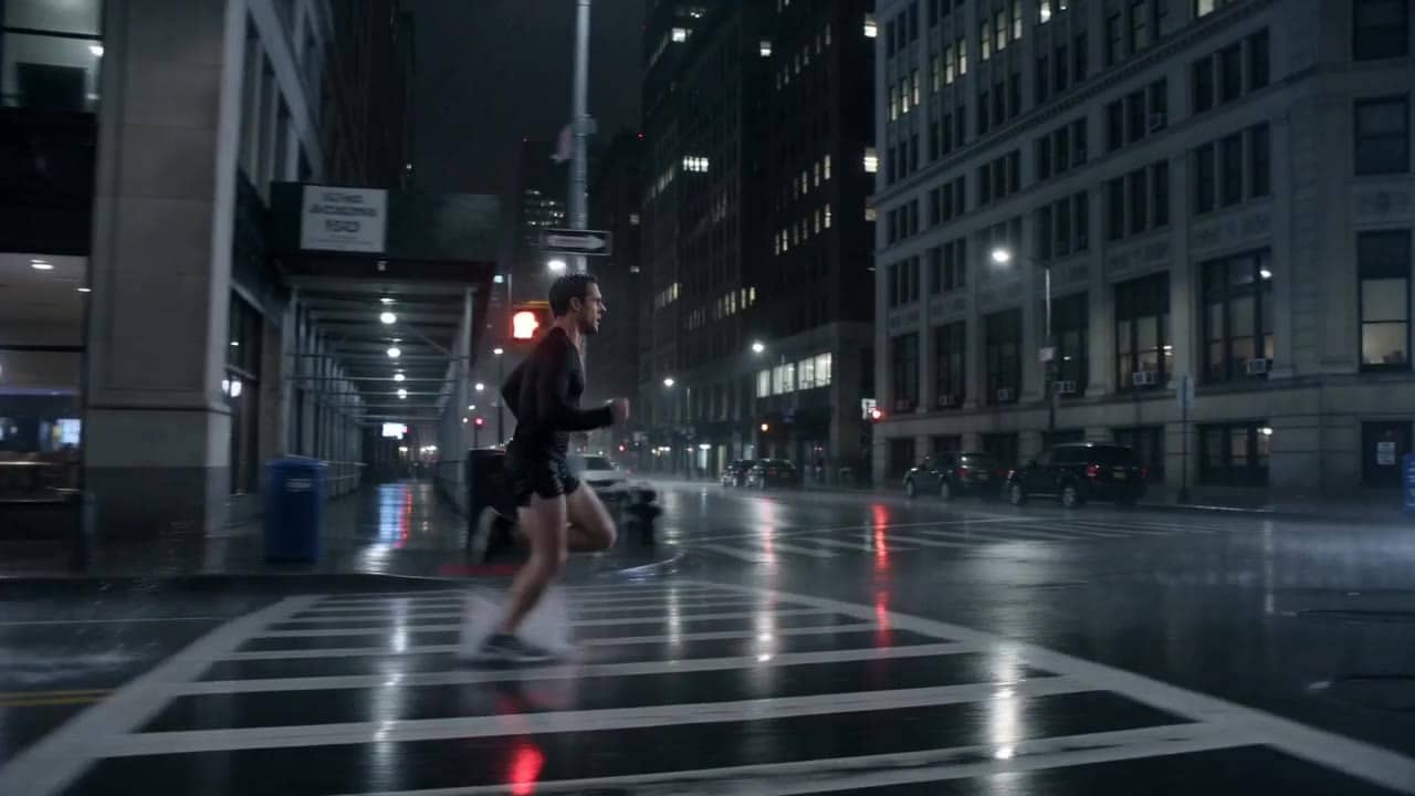 Exemple video IA Seedance 2.0 Fast: Wide 16:9 cinematic action shot, a runner sprints through a rainy city street at night, water splashe...