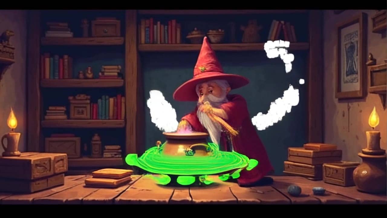 MaxVideoAI Pika 2.2 Text & Image to Video example – 5 second seamless looping pixel-art animation of a tiny wizard stirring a glowing cauldron in a cozy 1:1 cottage interior. Camera locked…