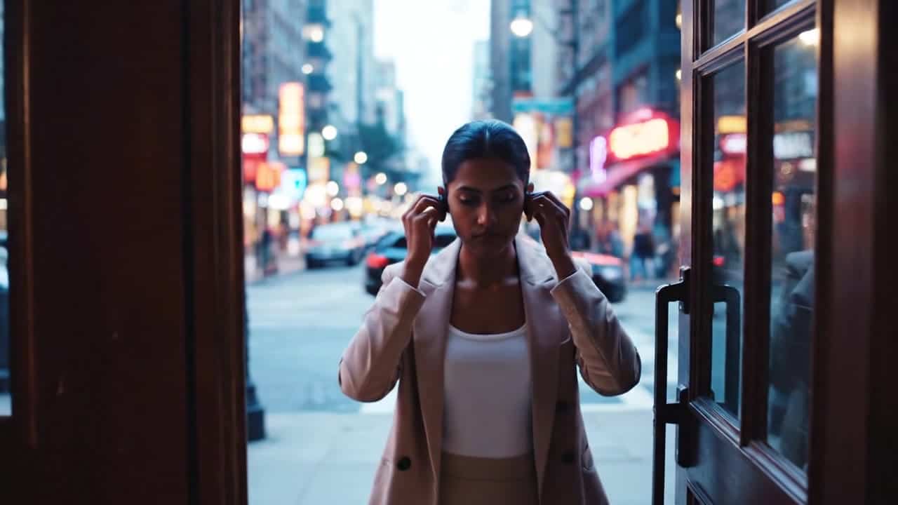 Google Veo 3.1 AI video example: Shot 1 (0 - 3 s): macro close-up of one earbud rotating slowly on a wooden desk, shallow depth of field...