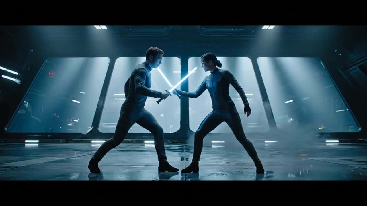 Google Veo 3 Fast AI video example – CONDITIONING / CONTINUITY Use the provided first frame as frame 0. Keep the same two realistic human duelists…