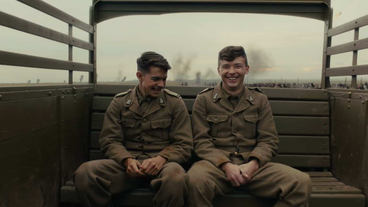 Kling 2.6 Pro AI video example: 8 - 10 second 16:9 cinematic shot set during World War I. Two young soldiers in worn French uniforms sit...