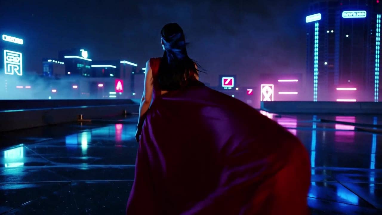 Ejemplo de video IA de LTX 2.3 Pro: A striking woman in a flowing crimson evening gown stands alone on a wet rooftop above a neon city at...