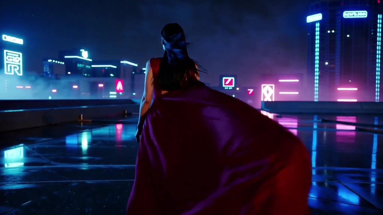 Ejemplo de video IA de LTX 2.3 Pro: A striking woman in a flowing crimson evening gown stands alone on a wet rooftop above a neon city at...