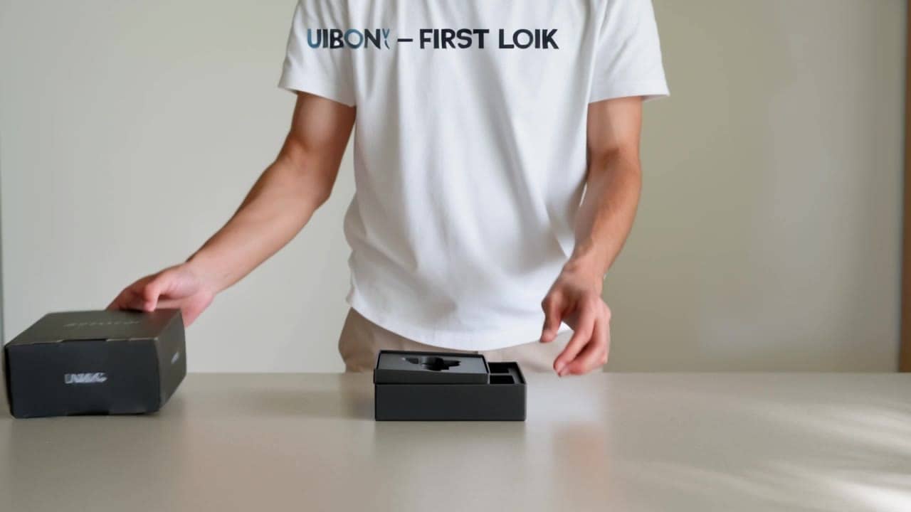 Kling 3 Standard AI video example: Wide 16:9 full-body unboxing video in a clean studio/kitchen setting. A person is fully visible (head...