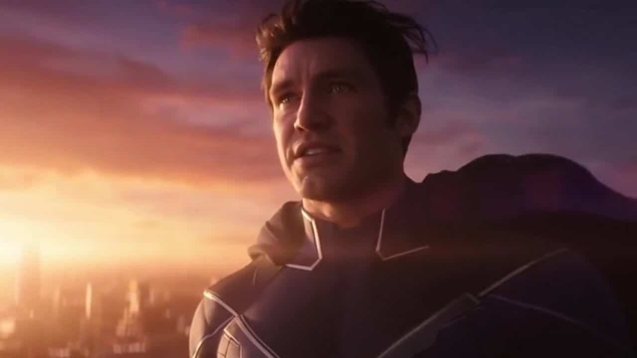 OpenAI Sora 2 AI video example: Scene 1 - 0-3s - Close-up actor speaking “Close-up on a superhero standing on a rooftop at sunset. Strong...