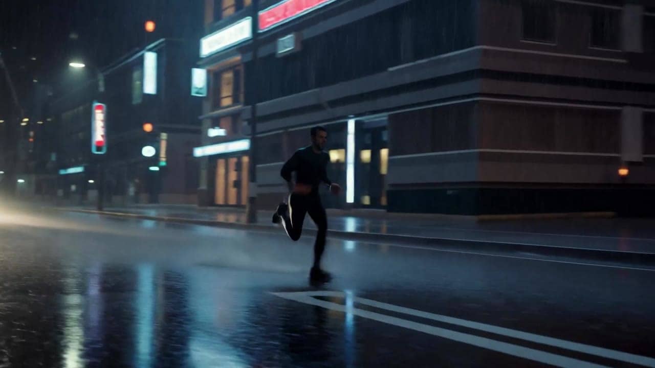 LTX 2.3 Pro AI video example: Wide 16:9 cinematic action shot, a runner sprints through a rainy city street at night, water splashes real...
