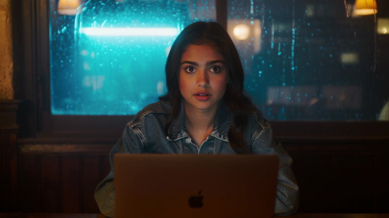 Exemple video IA Kling 2.6 Pro: 8-second 9:16 cinematic shot in a cozy coffee shop at night. A young woman in a denim jacket sits by the...