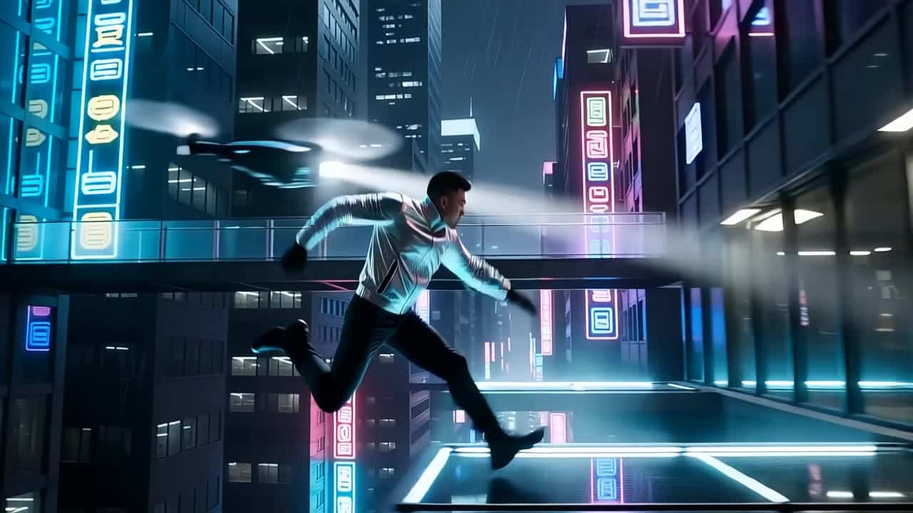 Happy Horse 1.0 AI video example: A young courier in a reflective silver jacket runs across the side of a futuristic vertical city at nig...