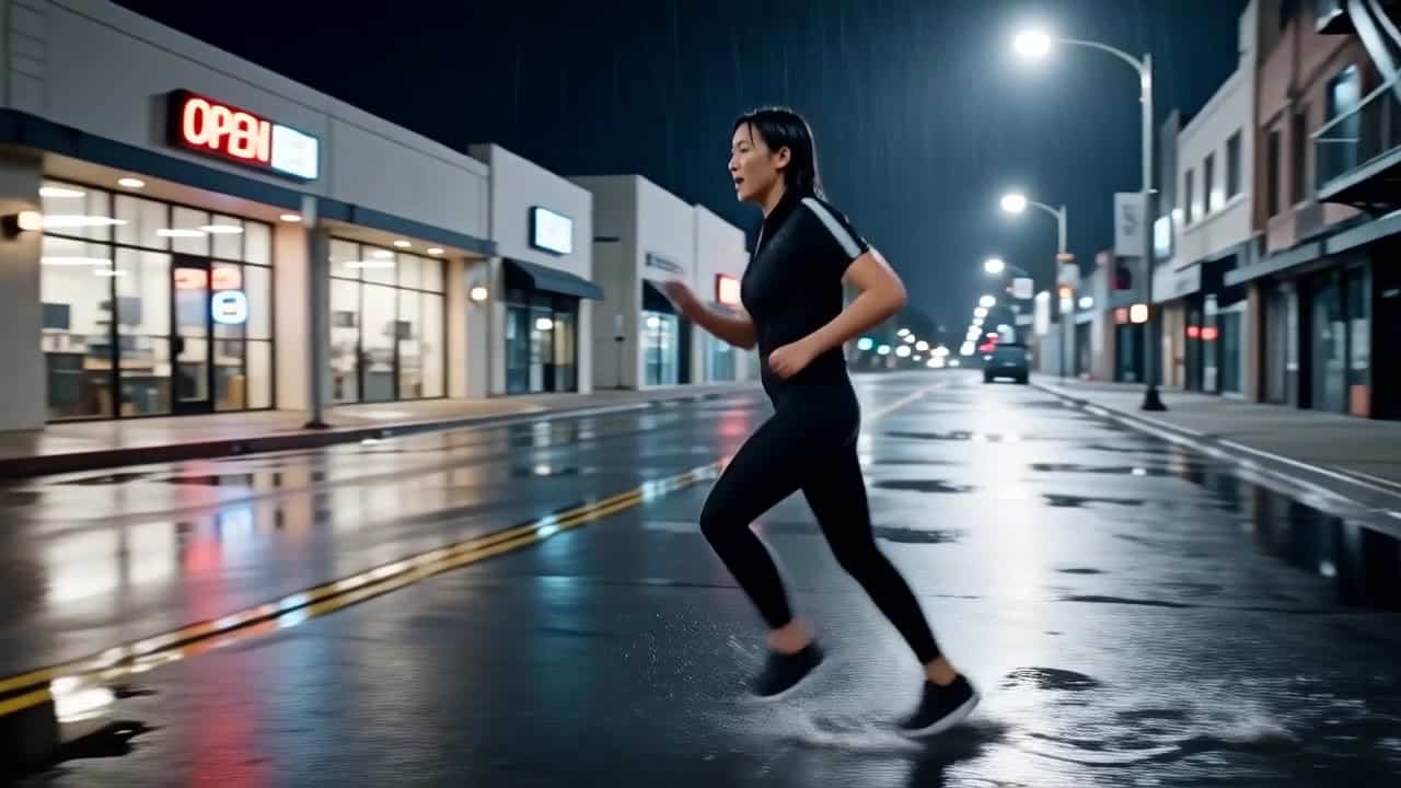 Wan 2.6 Text & Image to Video AI video example: Wide 16:9 cinematic action shot, a runner sprints through a rainy city street at night, w...