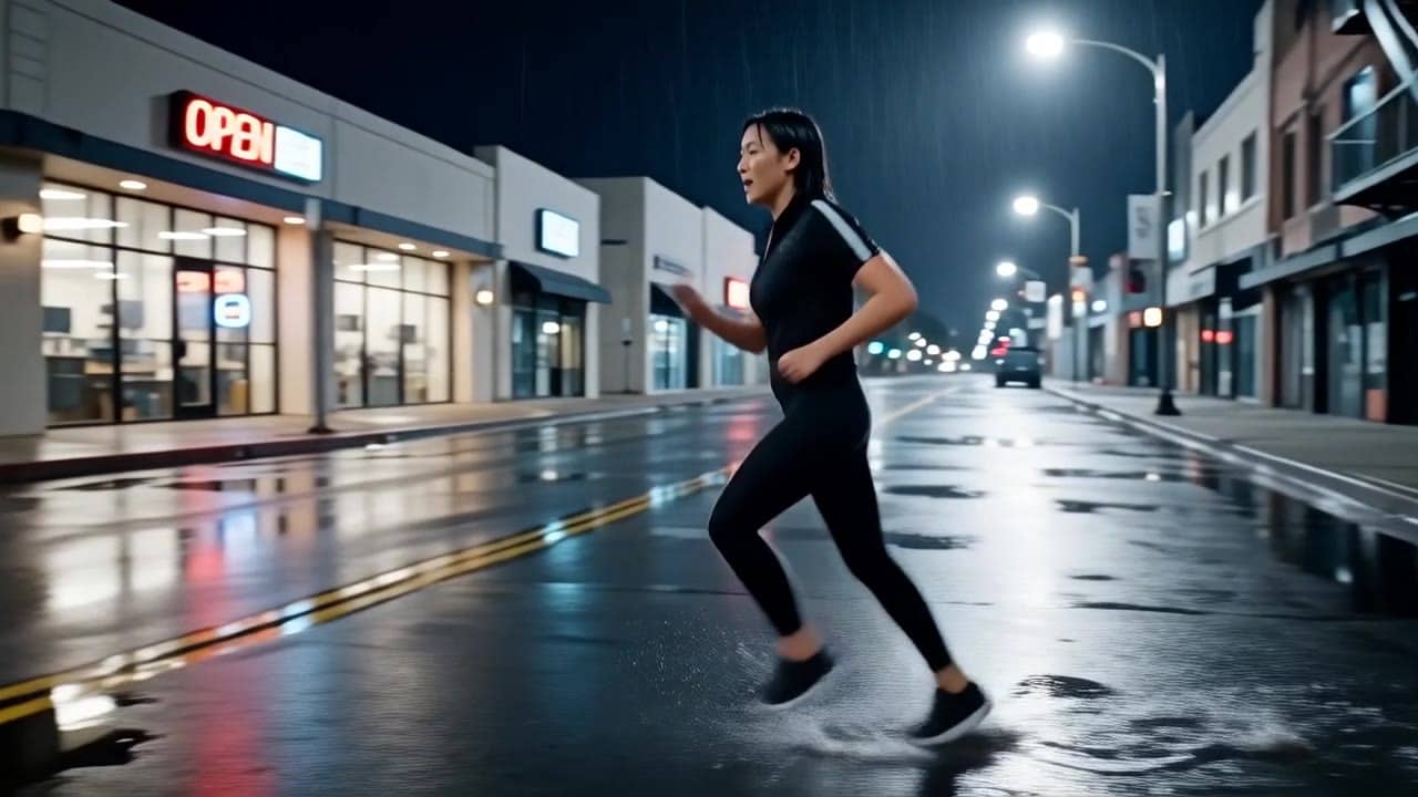 Exemple video IA Wan 2.6 Text & Image to Video: Wide 16:9 cinematic action shot, a runner sprints through a rainy city street at night, w...