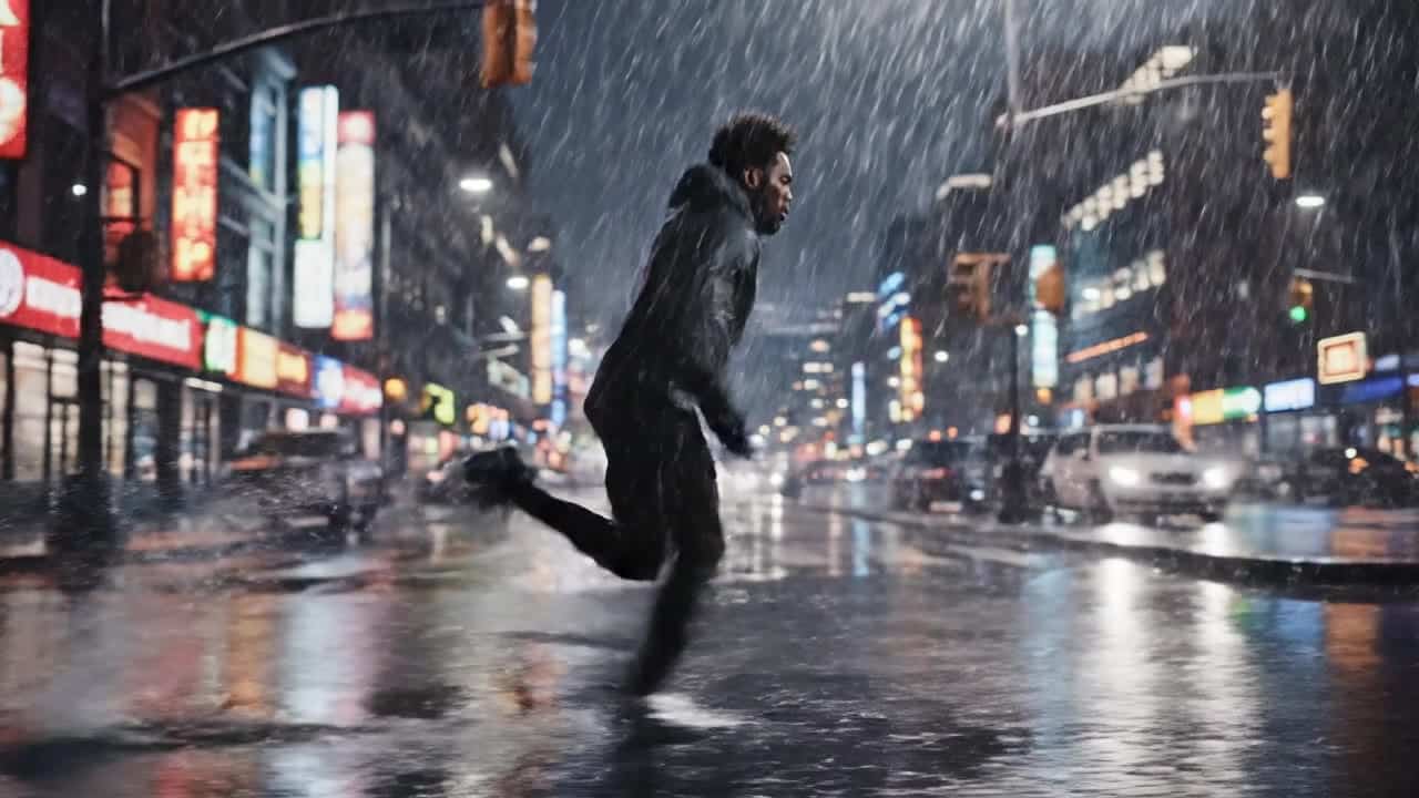 Google Veo 3.1 AI video example: Wide 16:9 cinematic action shot, a runner sprints through a rainy city street at night, water splashes r...