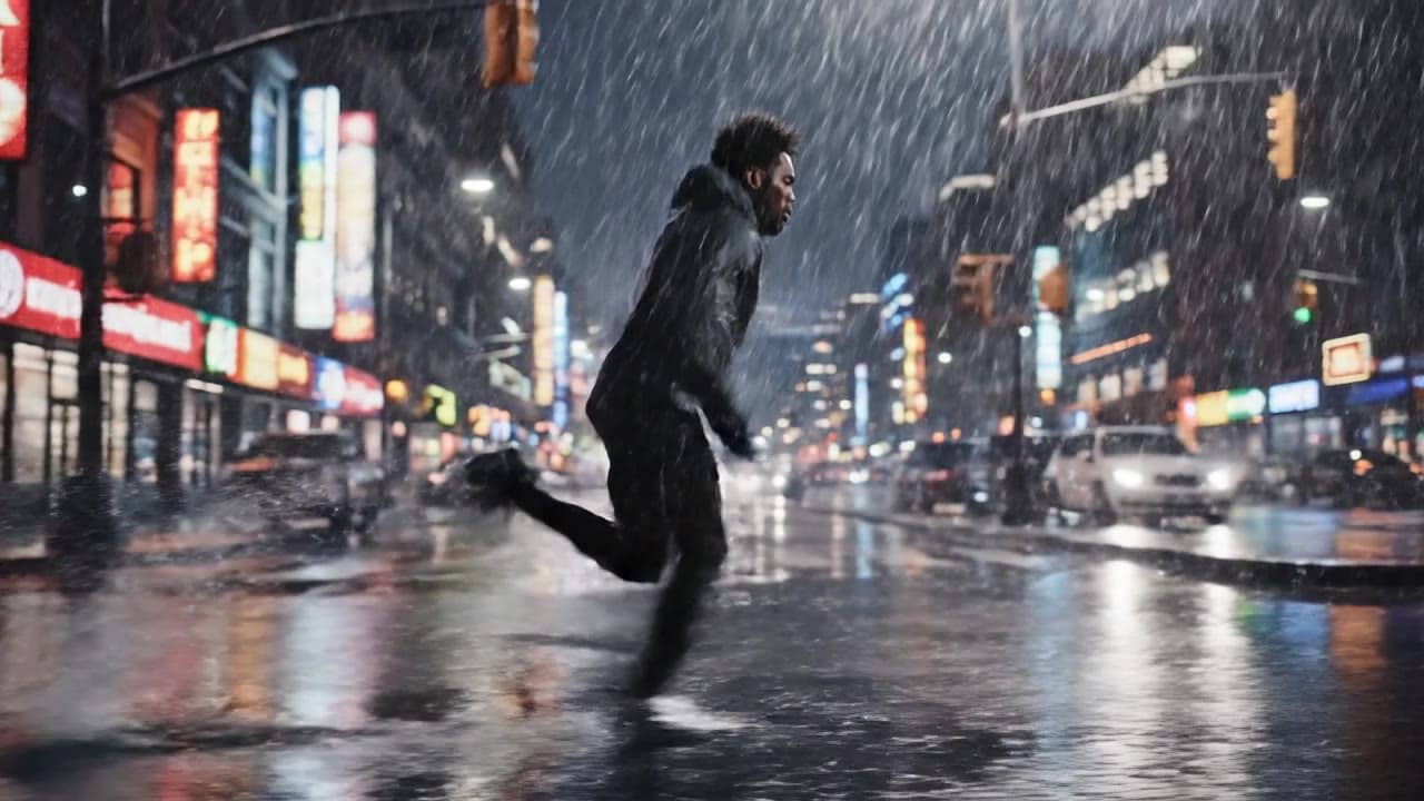 Ejemplo de video IA de Google Veo 3.1: Wide 16:9 cinematic action shot, a runner sprints through a rainy city street at night, water spla...