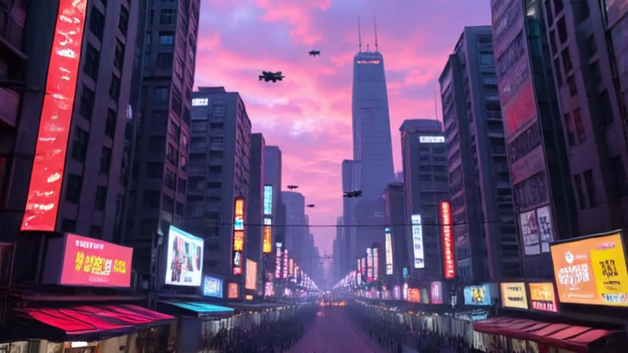 Ejemplo de video IA de Pika 2.2 Text & Image to Video: Futuristic cityscape at dusk, skyscraper lights turning on, flying vehicles in mot...