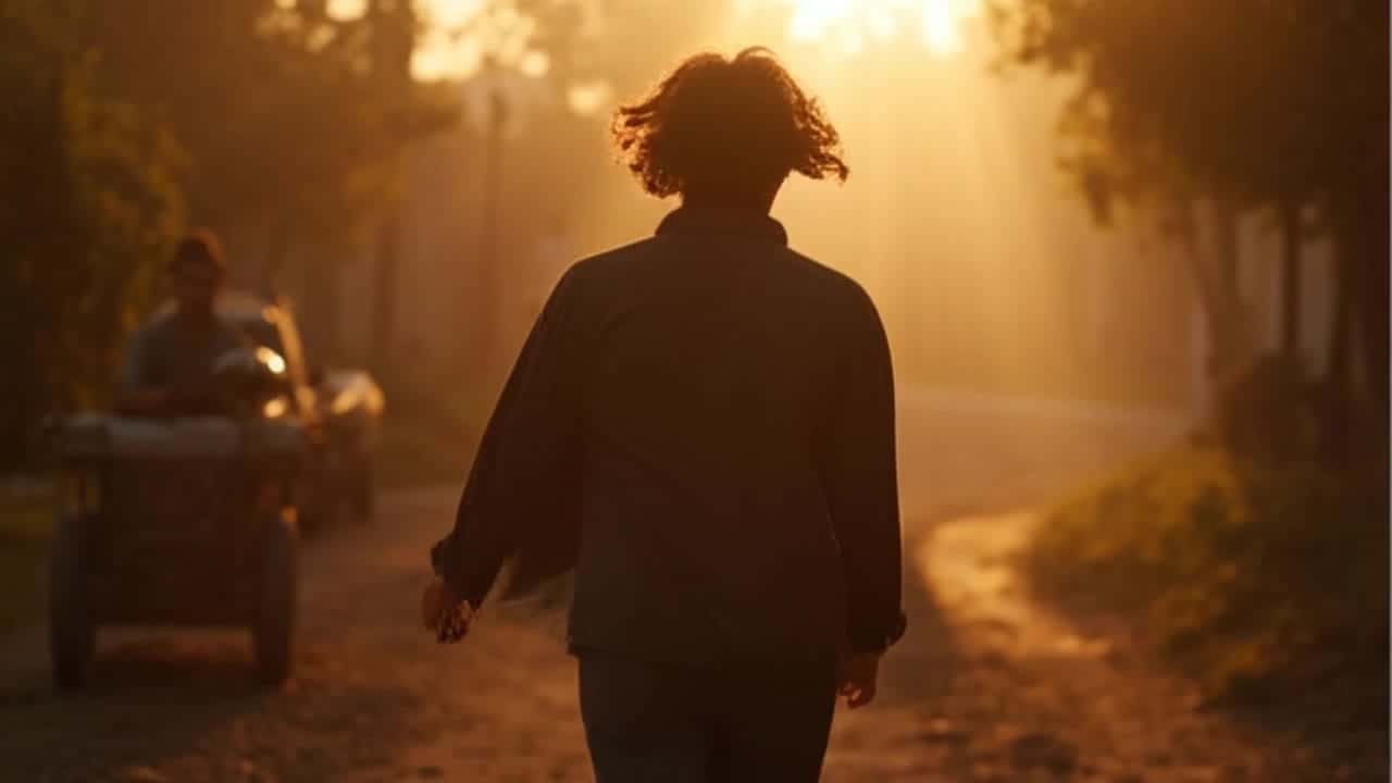 Exemple video IA Pika 2.2 Text & Image to Video: A person walking slowly toward the camera. Wind moving clothes and hair. Soft backlight...