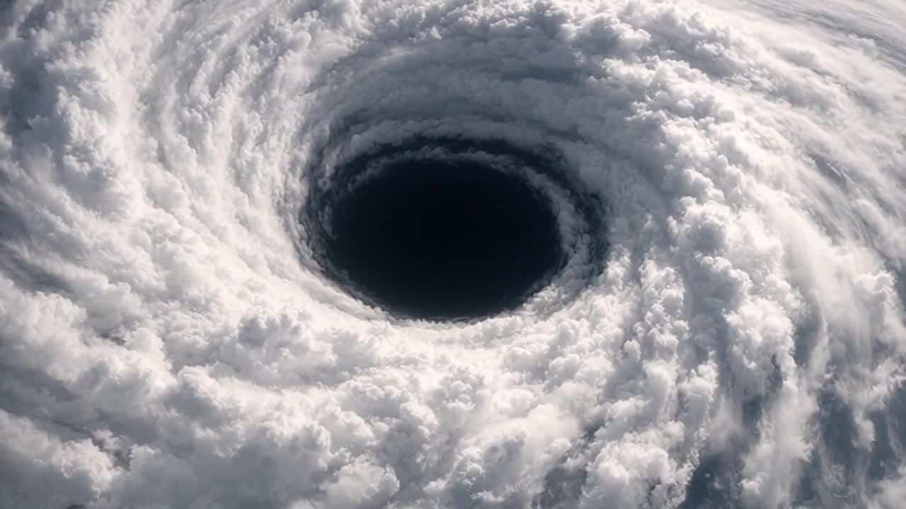 OpenAI Sora 2 AI video example: A cinematic satellite-style view of the eye of a massive hurricane. Thick, towering storm clouds spiral r...