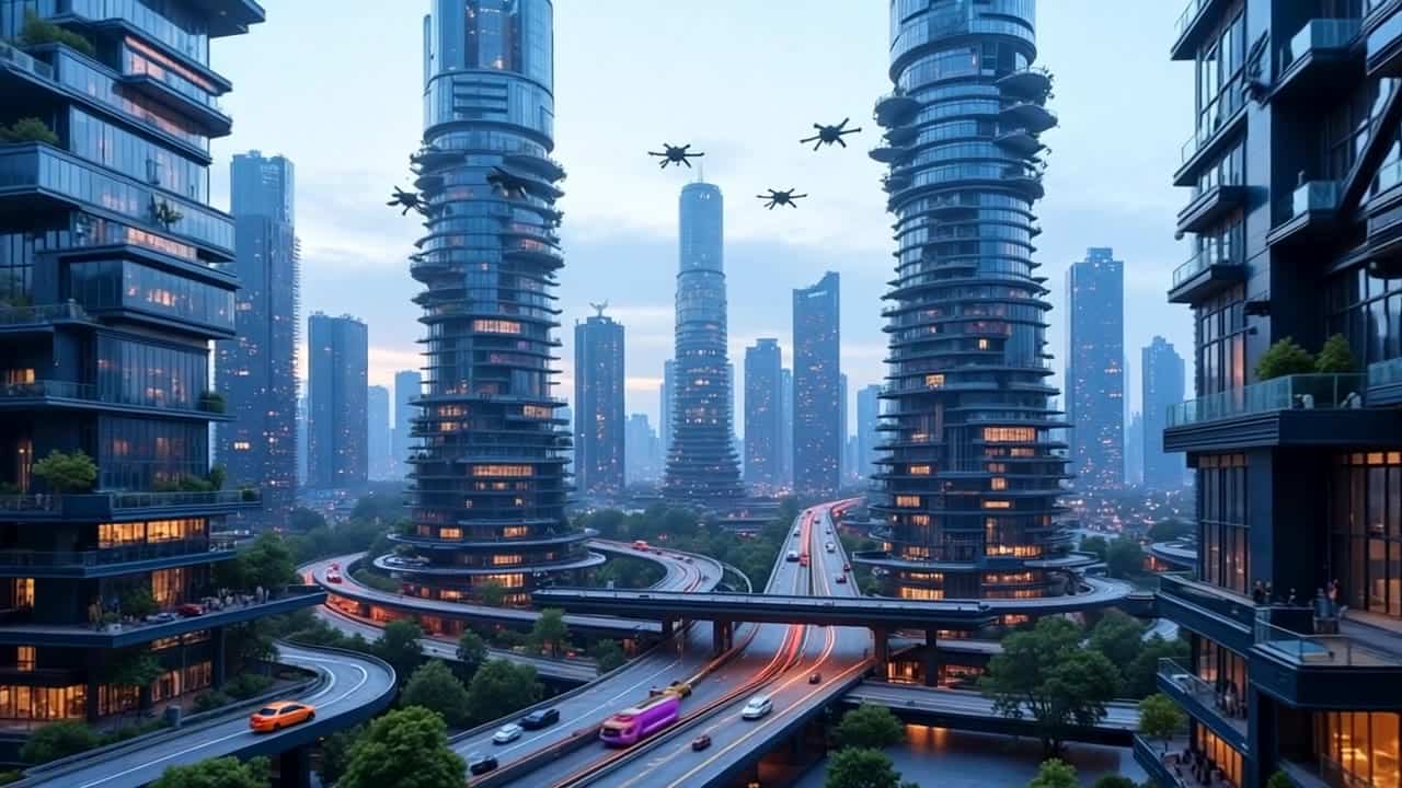 Ejemplo de video IA de Pika 2.2 Text & Image to Video: donc view of futuristic city