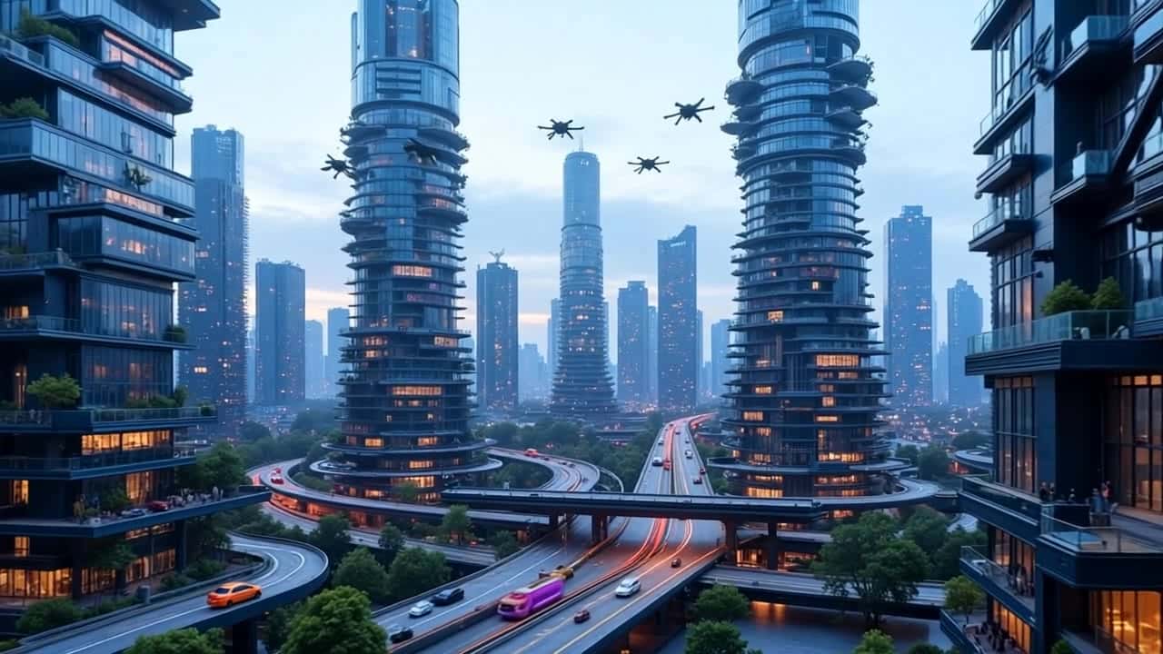 Pika 2.2 Text & Image to Video AI video example – donc view of futuristic city